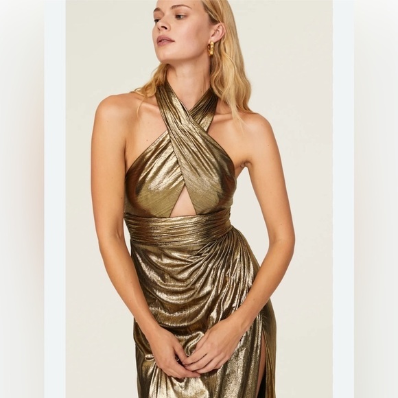 Ieena Mac Duggal Gold Metallic Halter Mini Disco Dress - Picture 1 of 8